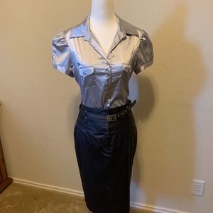 Gray silk blouse with gray skirt